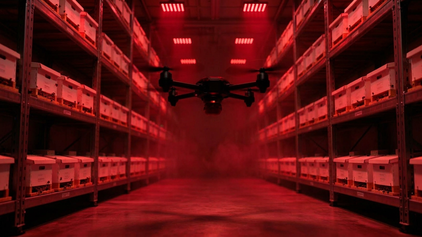 Drone Sensus in volo fra scaffalature sensorizzate di colonie di bombi in Agrotev Origine